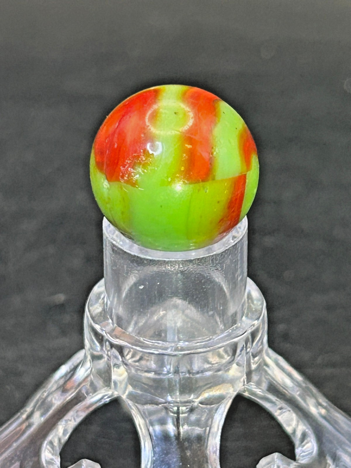 Vintage Peltier NLR Flaming Dragon Marble, Green Base/Red Ribbons, .67″, NM+ #P4