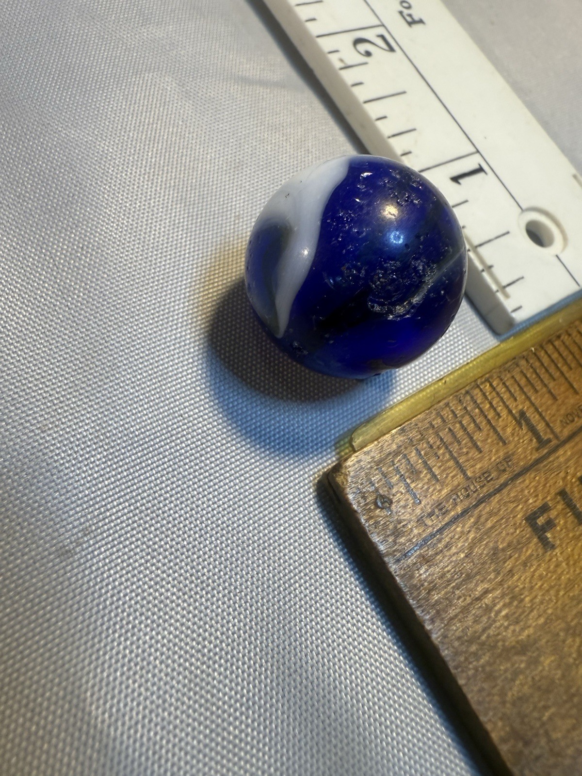 Akro Agate Corkscrew SPIRAL Shooter Marble Blue White Old Vintage Damaged