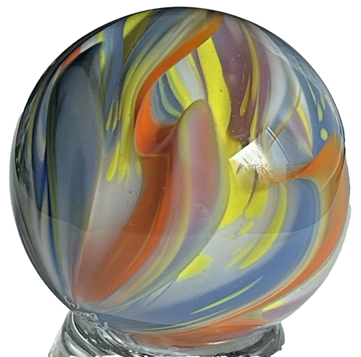 2014 RICK DAVIS MARBLE HANDMADE GLASS ART 1.48″ ORANGE BLUE PURPLE YELLOW MIX