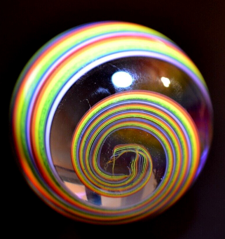 JOHN GIBBONS GLASS MARBLE/2.038″-SIMPLY A PERFECT RAINBOW-CRIMSON,ORANGE,GR.LUTZ