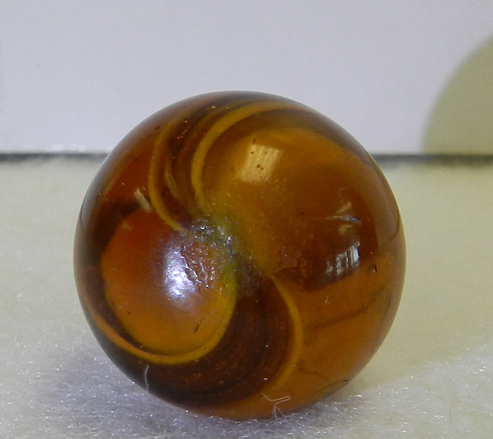 #18549m Large .77 Inches Vintage German Handmade Amber Glass Ribbon Lutz Marble