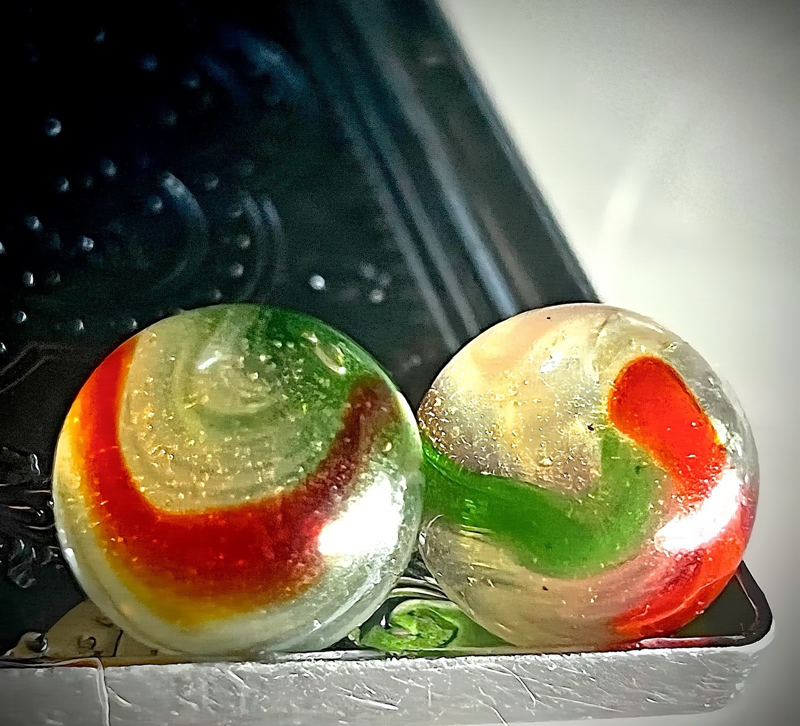 Vintage Peltier NLR Colorado Marble Green Red Swirl Clear Base 5/8” (pair)
