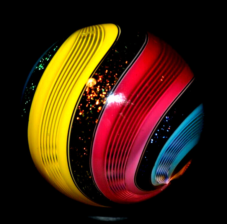 HOT HOUSE GLASS MARBLE/1.475″-TRIPLE BANDED FINE LINER-TURQ,SUNFLOWER,TOMAT0&DIC