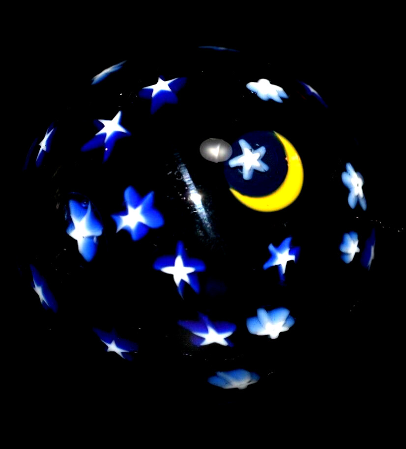 DAVID P. SALAZAR GLASS MARBLE/2.009″-MOON & STARS-TRANS.ROYAL,SUNFLOWER CRESCENT