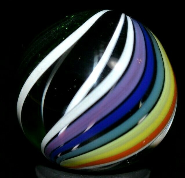 JODY FINE HANDMADE GLASS MARBLE/.880″-ZEBRA CORE w/RAINBOW & GREEN LUTZ RIBBONS-