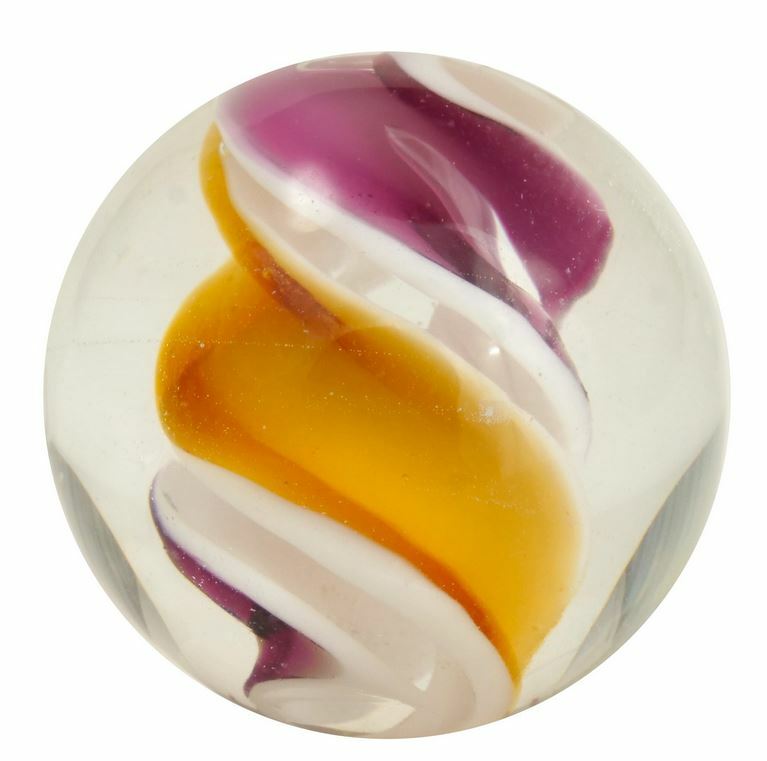 Helter Skelter 22mm Handmade ArtGlass Marble w Stand, Pink White & Orange Swirls