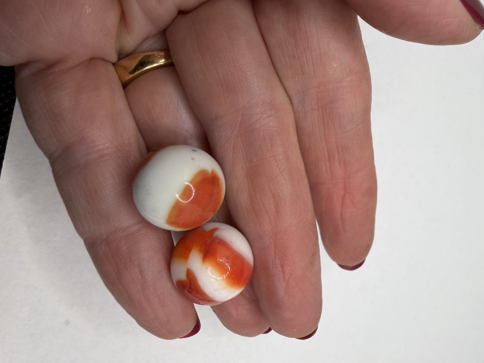 Pair Of Vintage Akro Agate Peltier Christensen Glass Swirl Marble Orange White