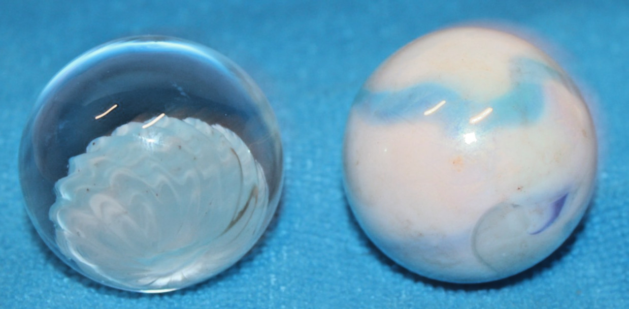 Two Large 2″ (50 mm) Marbles — (Swirling Blue & White Marbles)