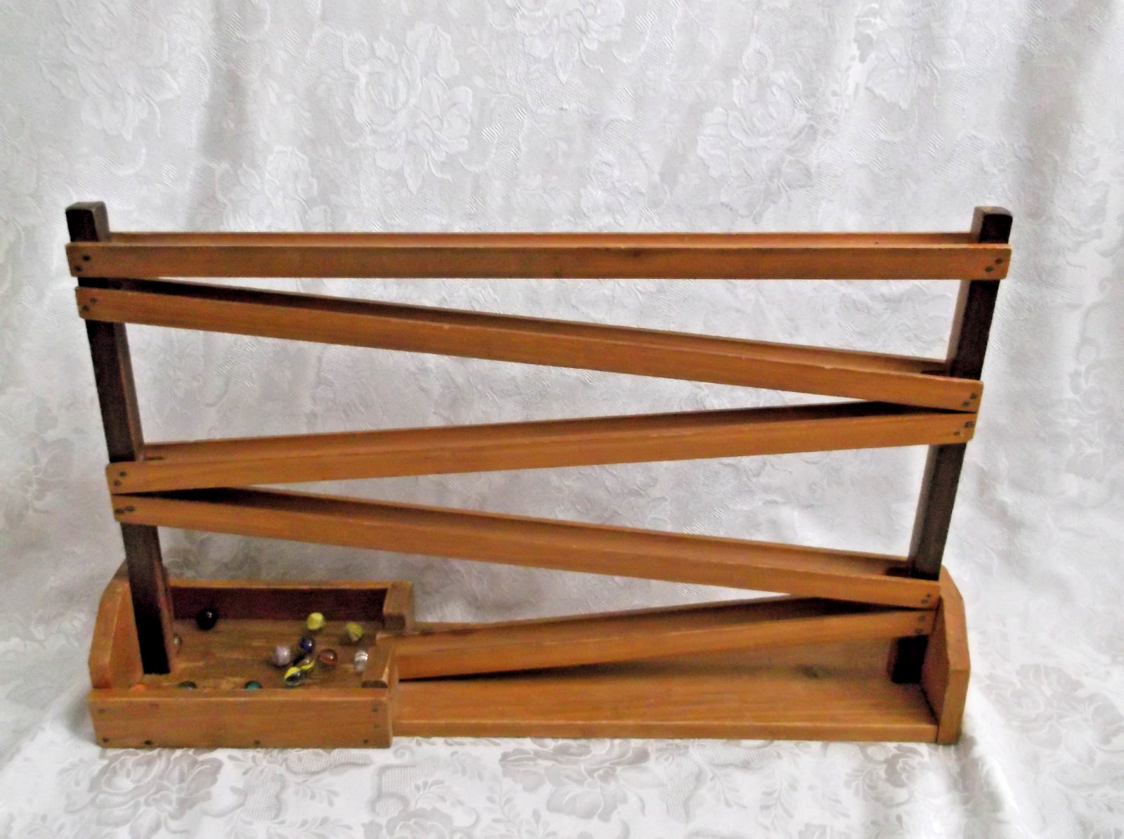 Vintage Handmade Wooden Marble Run / Race Track and 20 marbles