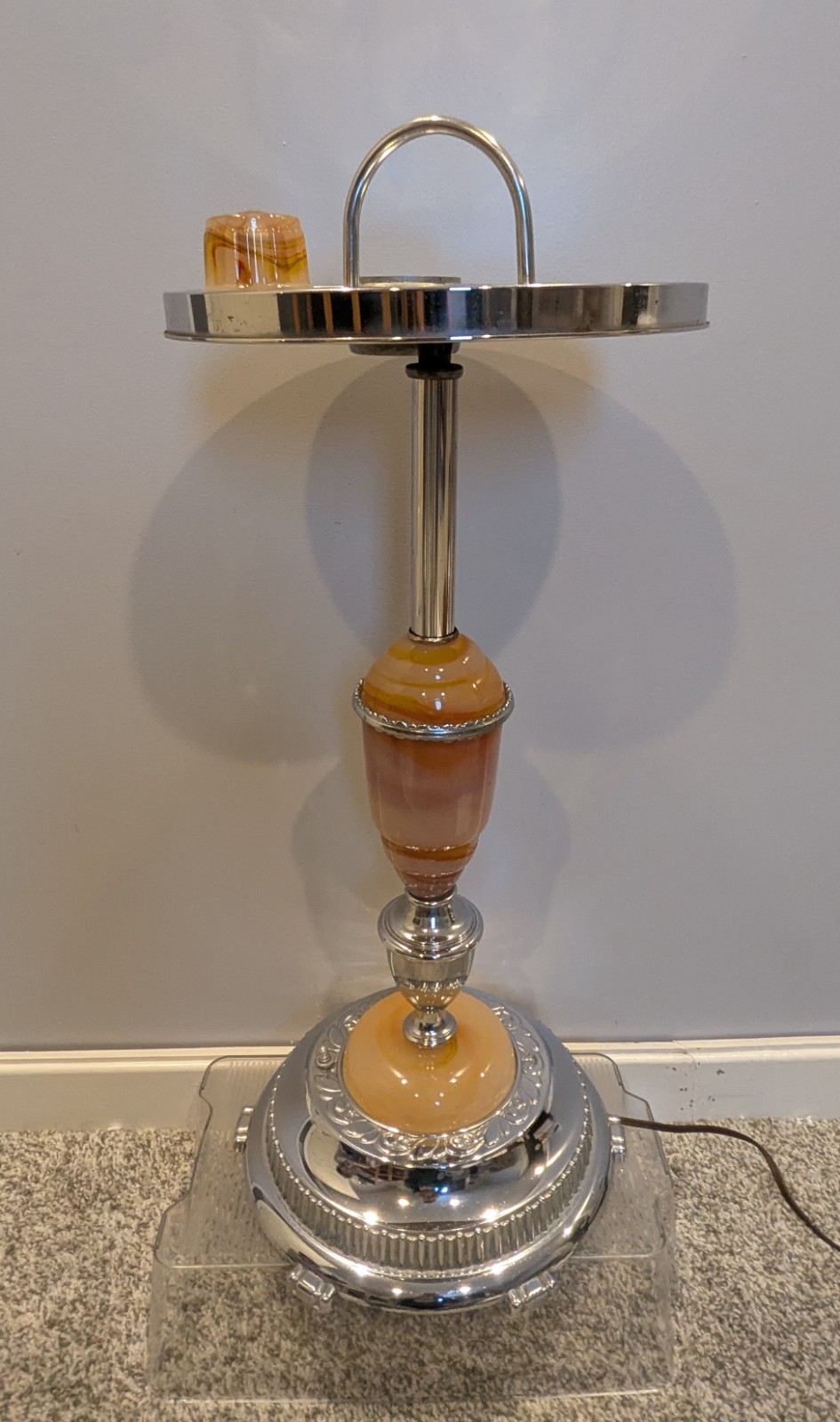 Ever Brite Akro Agate Chrome Lighted Cigarette Smoking Stand Cadmium Swirl READ