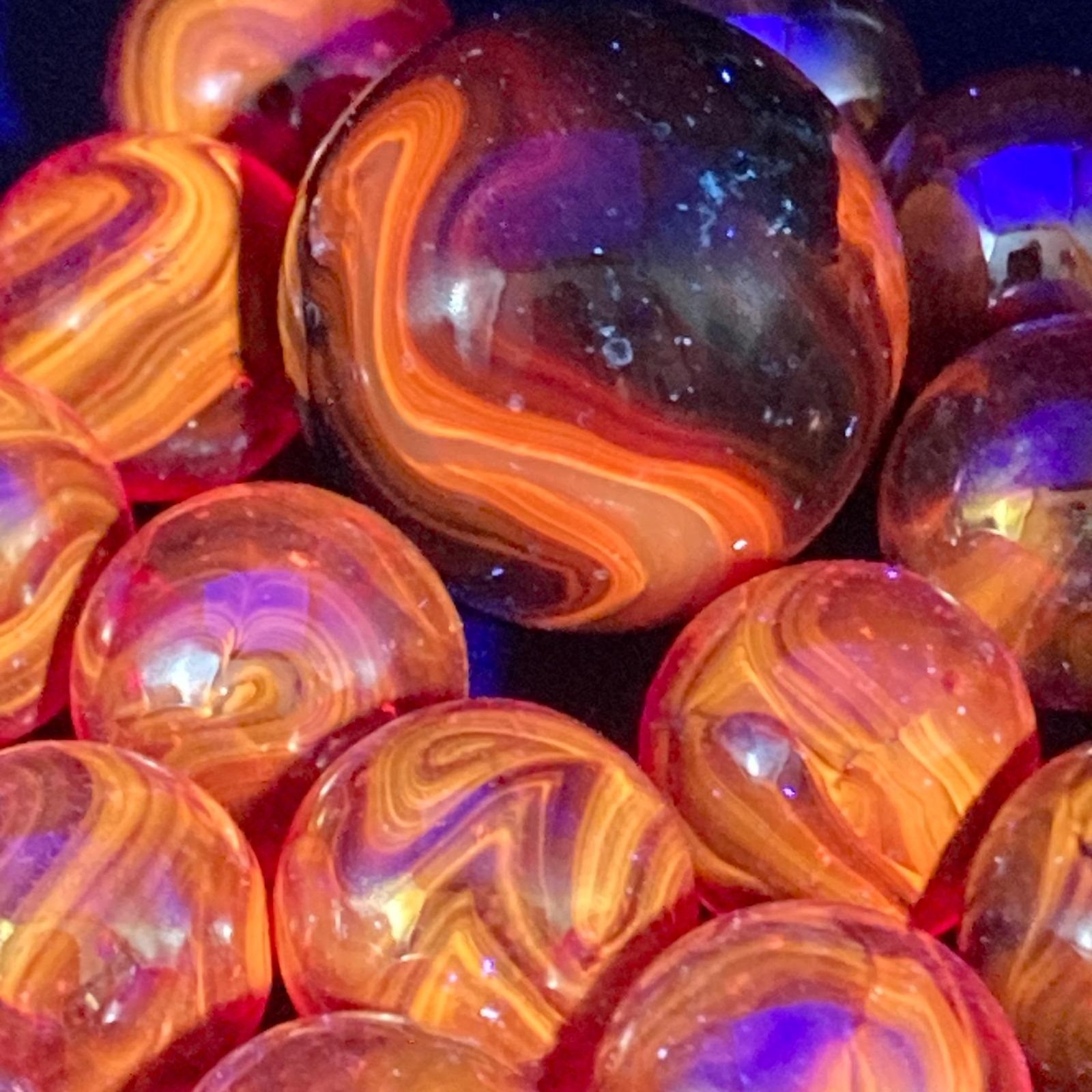 Vintage Glass Marbles / 25 Iridescent Red Orange Cadmium / Small / Glows / No 24