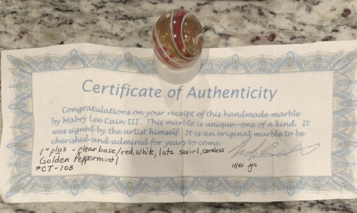 Handmade Contemporary MABRY LEE CAIN III Lutz Swirl Golden PepperMint 1 Inch +