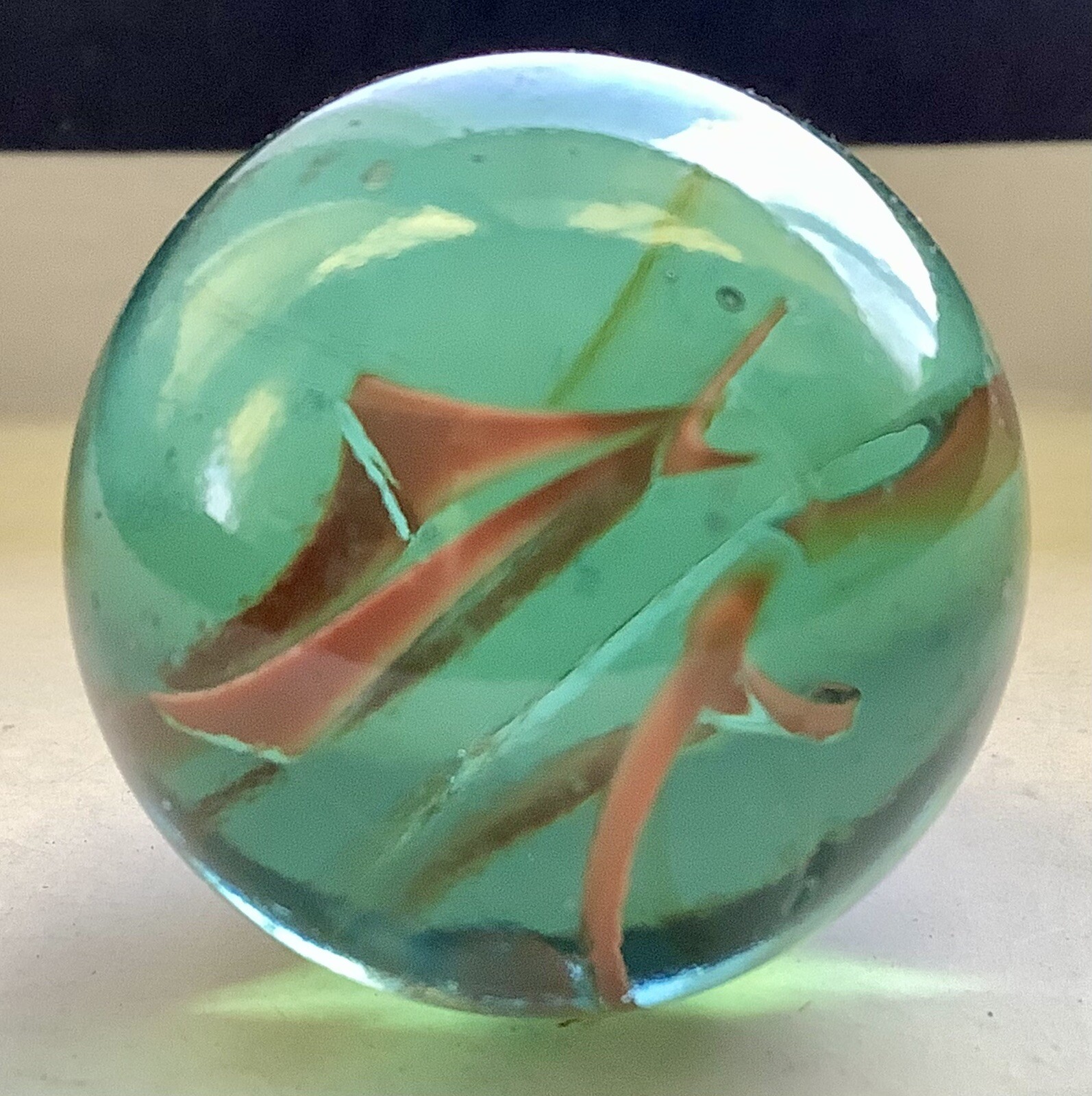 Vintage Estate Large 6 Vein Rust Red Color In Aqua Glass Shooter 1” Marble