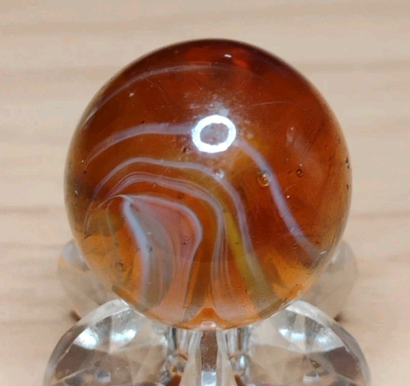 .76″ CHRISTENSEN/PELTIER MARBLES -AMBER SLAG NM+ RARE