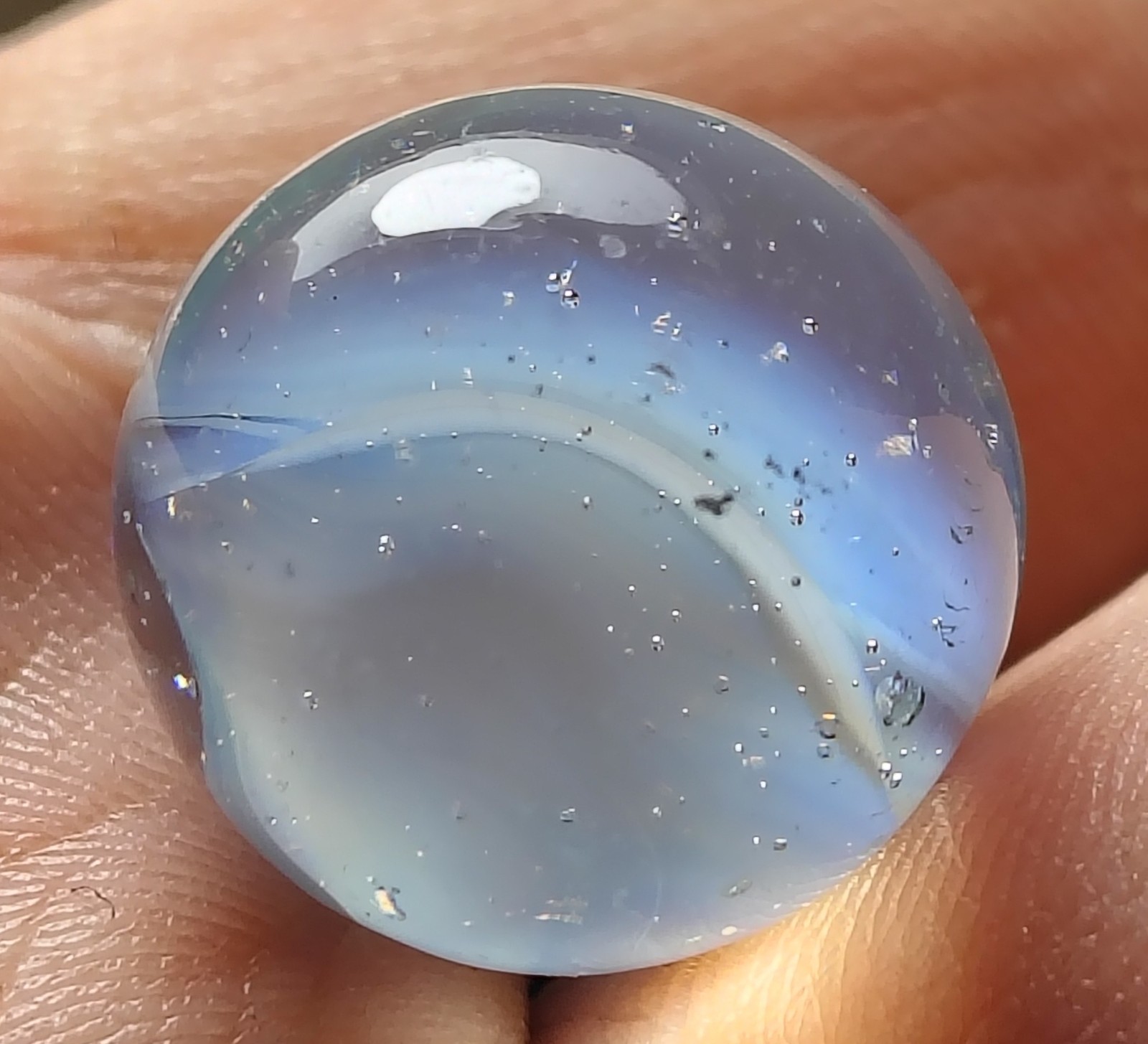 Vintage Fancy Four Vein 0.59″ White Blue Cats Eye Marble Ox Hair? Peltier Glass