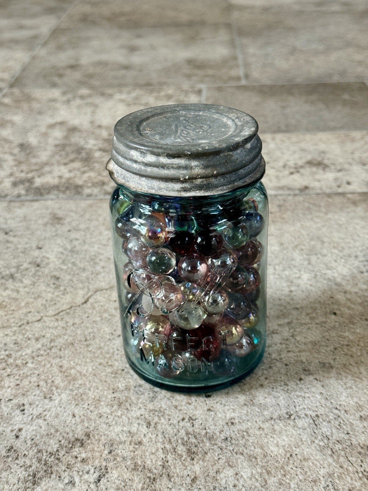 Vintage Ball Perfect Mason Jar Filled with 165+ Mixed Glass Marbles – Aqua Blue