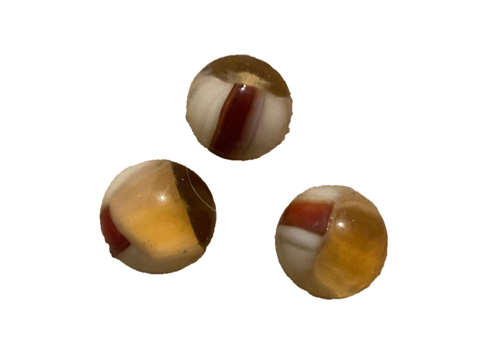 Set of Three Vitro Helmet Marbles, Almost 9/16” Champagne, White, and Blood Red