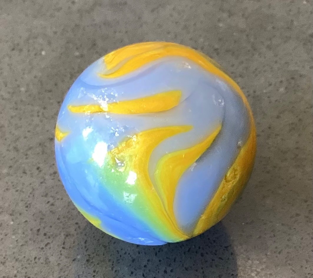 Marble Alley Agate Shooter Boulder Blue Yellow Flames Played Good+ to NM- 0.99”