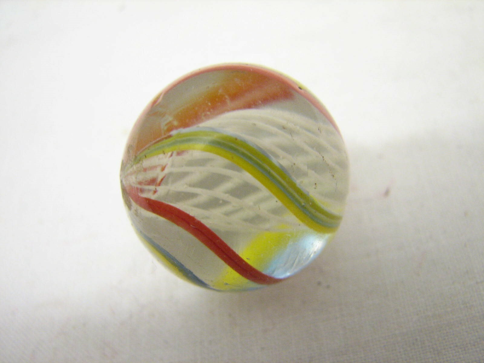 Vintage White Latticino Caged Swirl Marble Blue Red Yellow Shooter