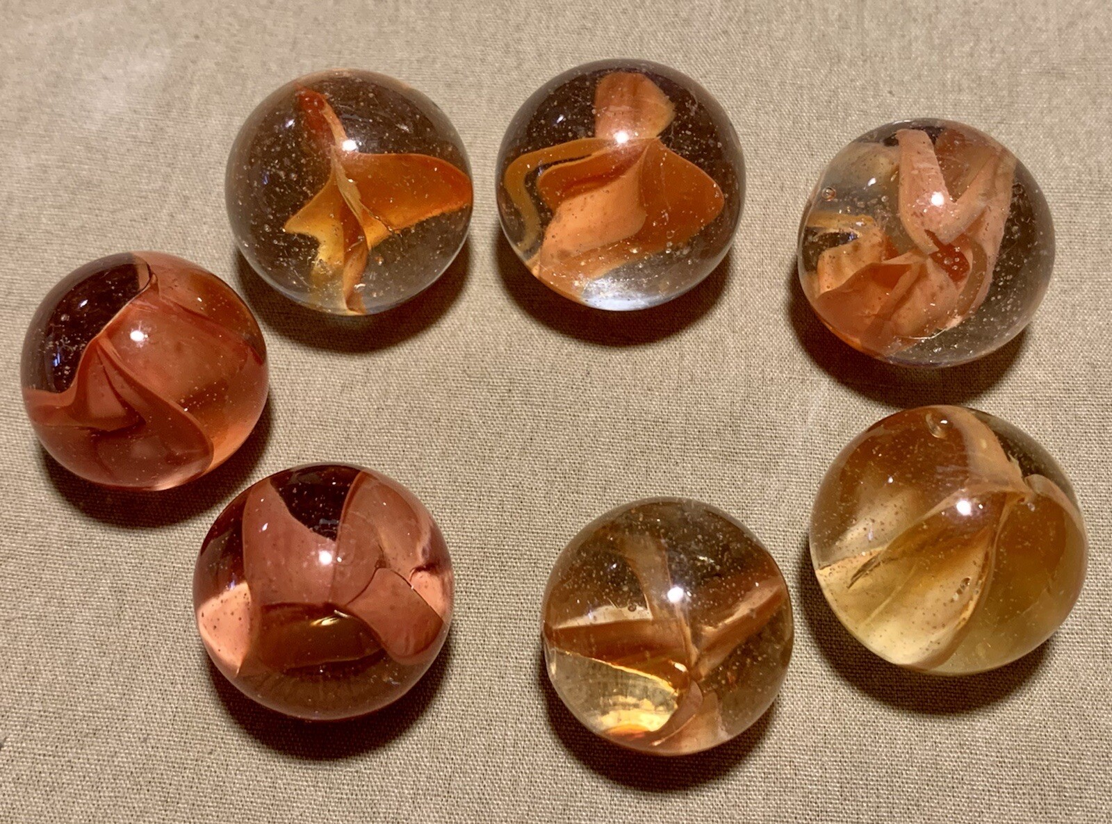 7 Vtg VITRO Marble King Red Peach Orange 4 Vein Cats Eye Glass Shooter Job Lot