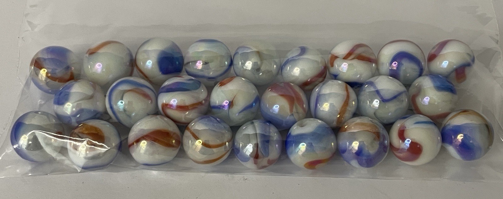 Lot Of 25 Bozo Glass Marble Players 5/8th inch Red, White, Blue