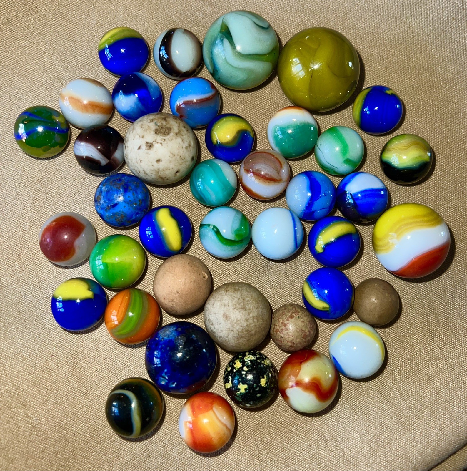 Old Gerber Jar of 40 Marbles, V9/16 – 1”, Cub Scouts, Clays, Pelt, Bennington,