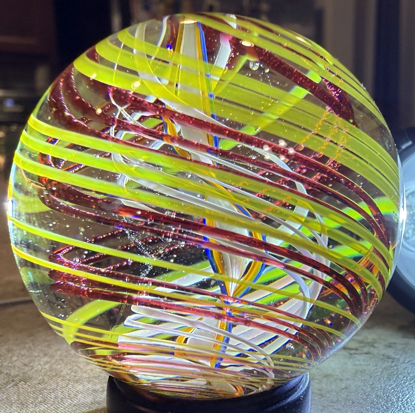 Studio Artist Signed Art Glass Marble 1.73” Latticino Ribbon Core Handmade
