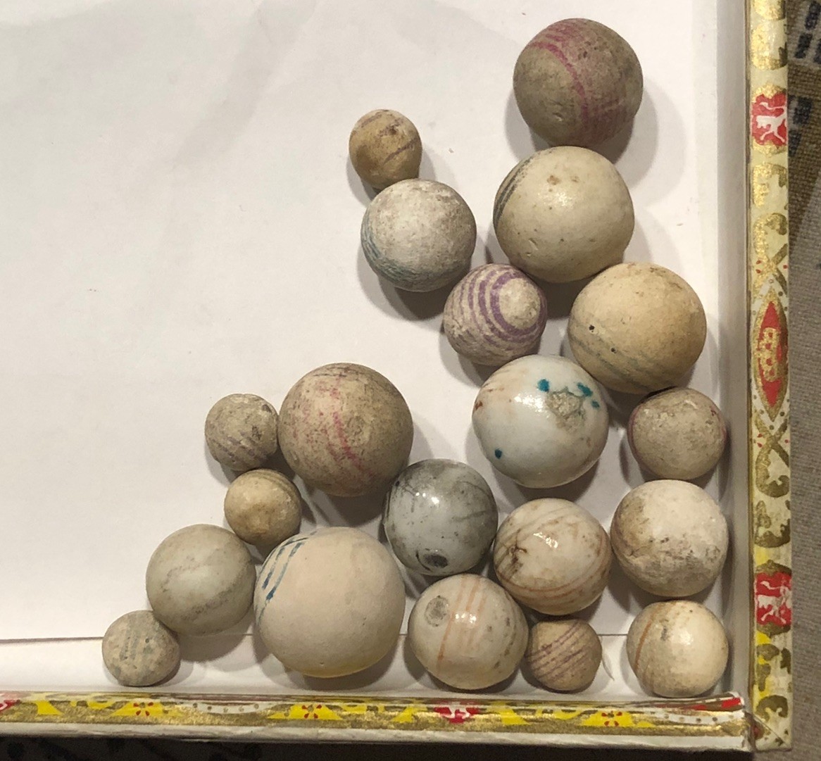 Glazed & Unglazed German china Helix Lined & Decorated Marbles ( 7/16”-7/8”).