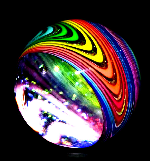 JAMES ALLOWAY GLASS MARBLE/1.357″-DICHROIC RAINBOW VORTEX CHEVRON #3578-FAST