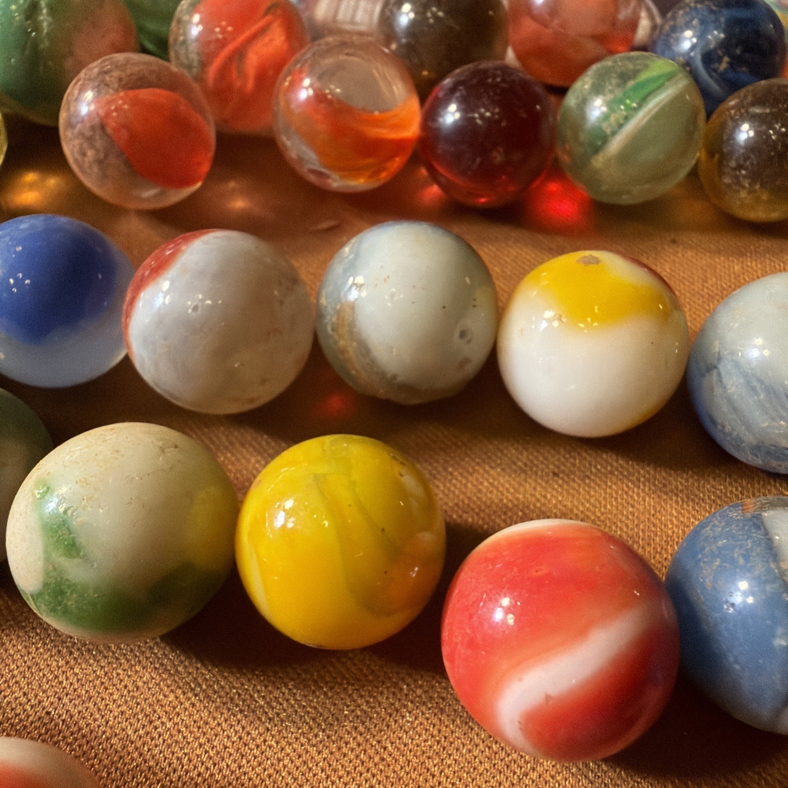 Marble Lot Of 64. Core/banded Swirl, Agate, Glass, Striped, Clay, Ribbon, Solid