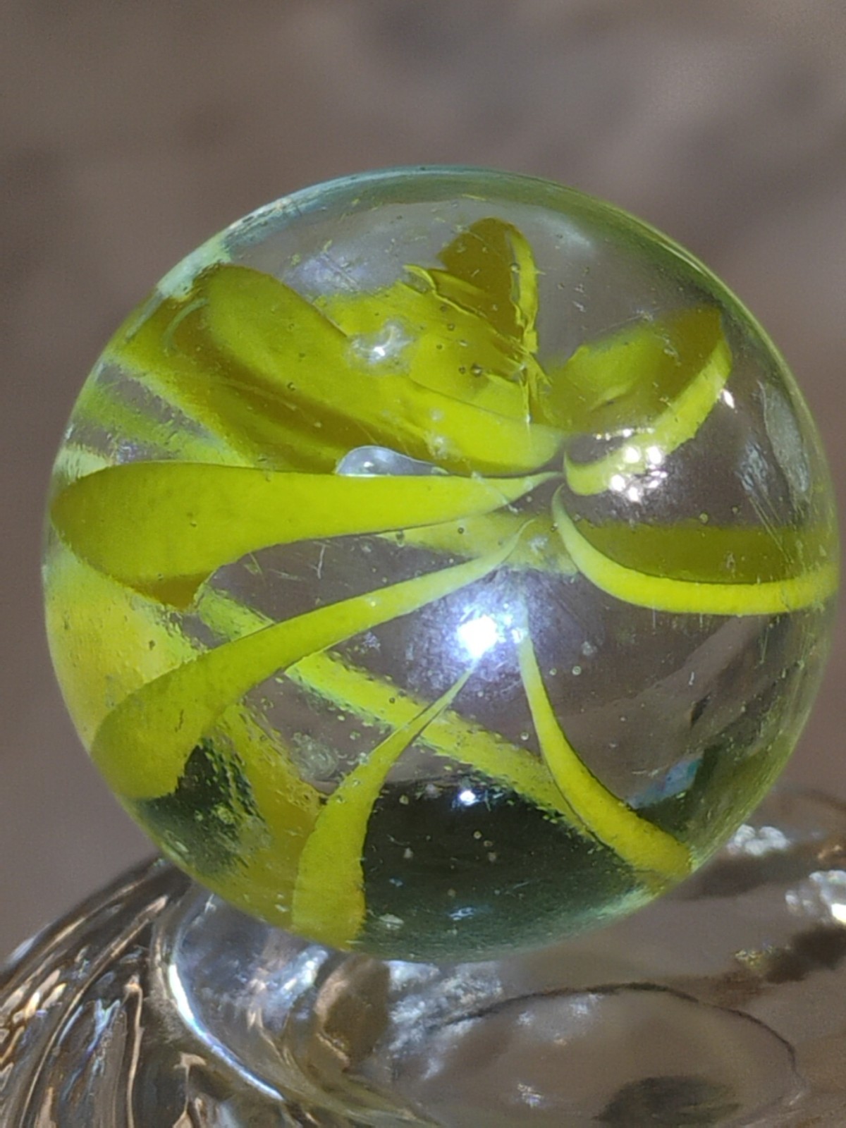 Vintage .98 Peltier Vitro Foreign 8 Vein Yellow Caged Cat’s Eye Shooter Marble?