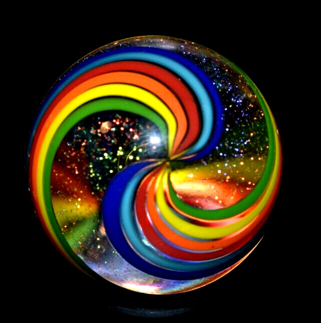 JAMES ALLOWAY GLASS MARBLE/1.236″-DICHROIC DOUBLE SWIRL #3560-LIME,YELLOW,ORANGE