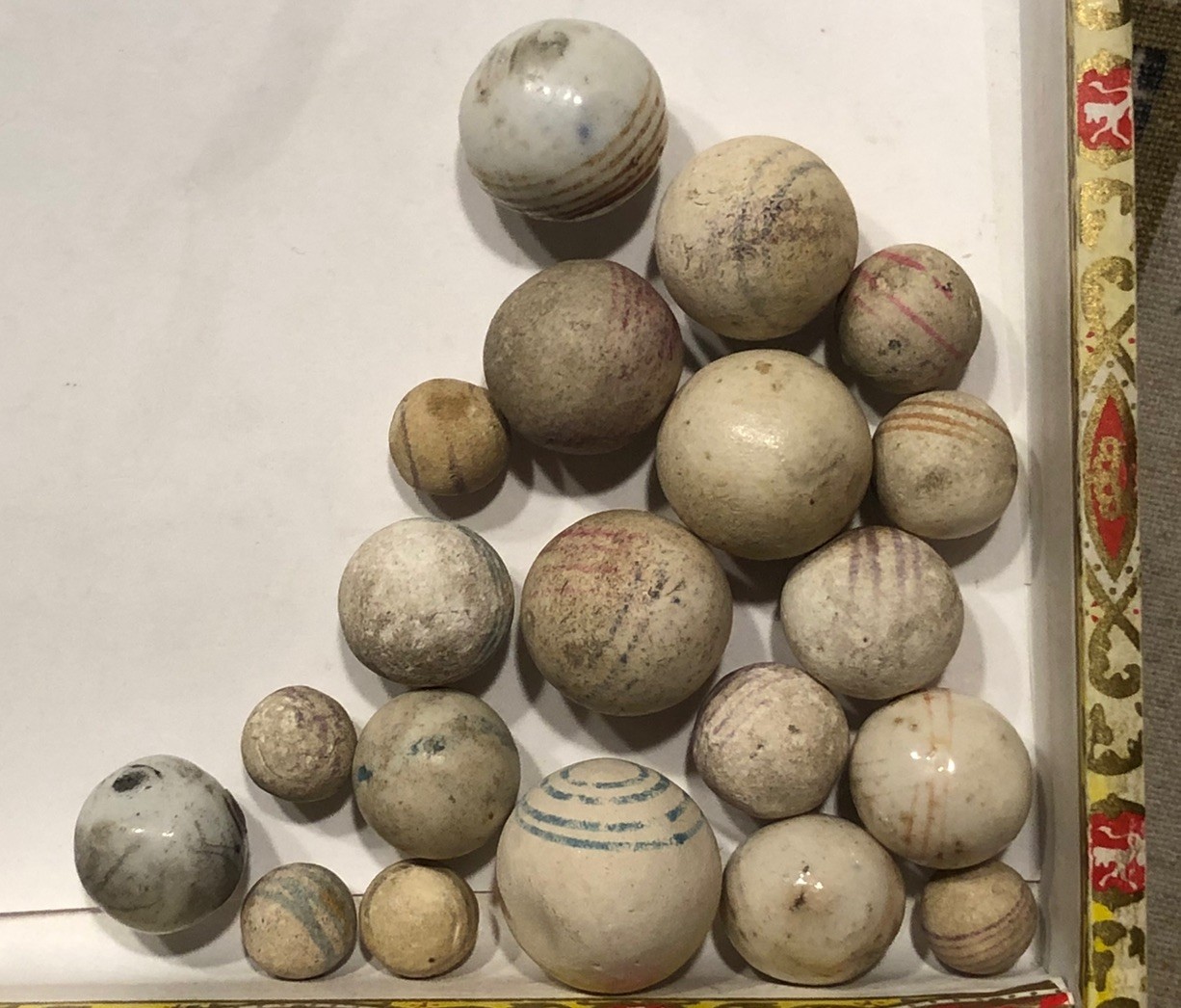 Glazed & Unglazed German china Helix Lined & Decorated Marbles ( 7/16”-7/8”).