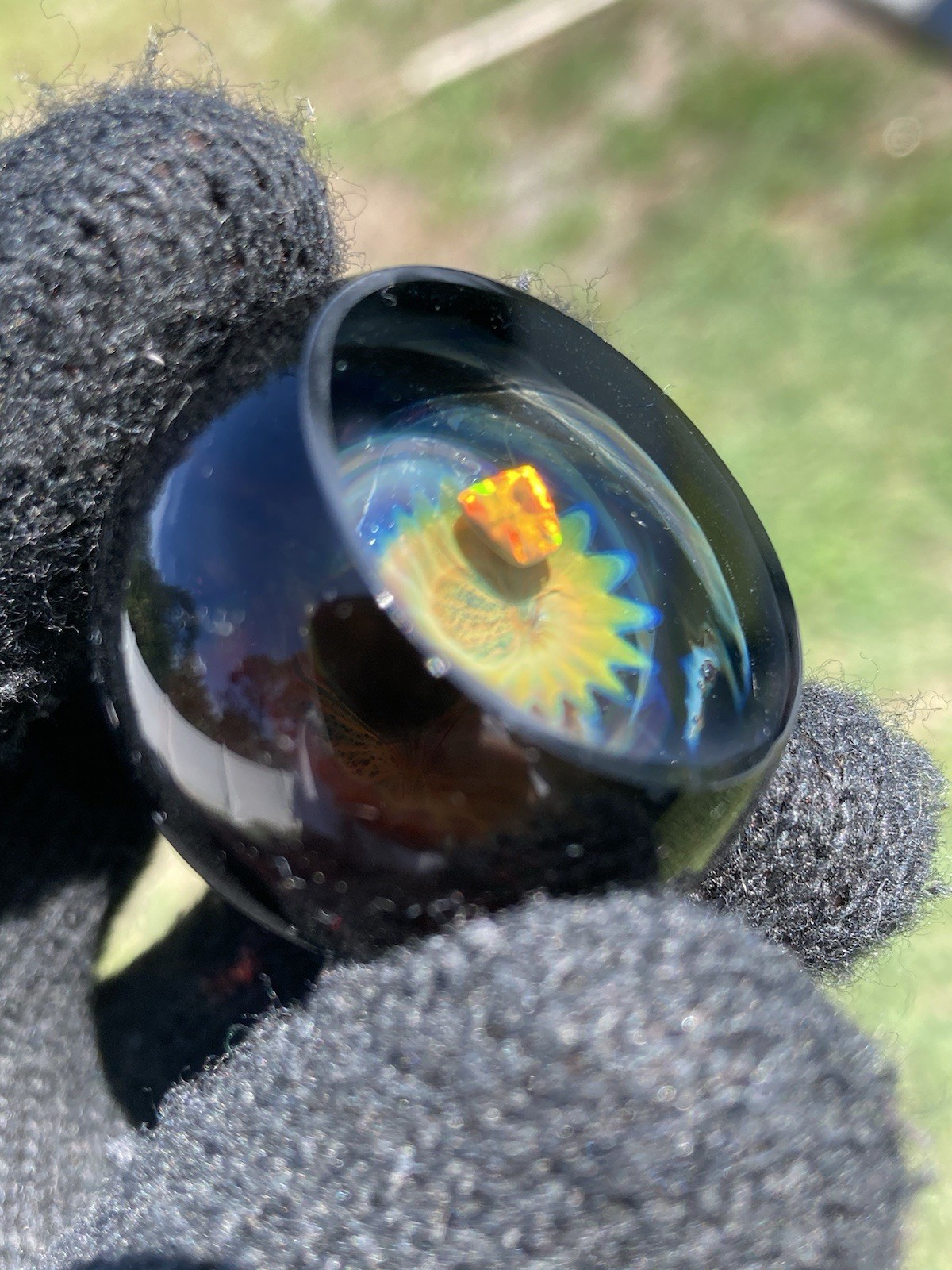 Glass Boro Space Marble 33mm W/ Opal Stone Hand Made Art W/ Faceted ￼Sculpture