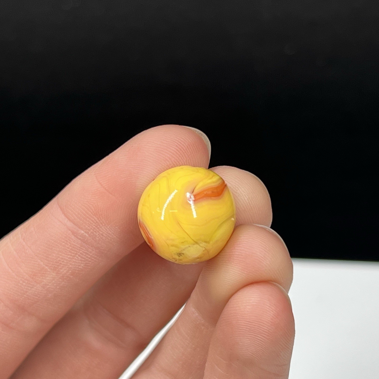 Vintage Glass Marble Akro Agate Peltier Christensen .61” Yellow Red Fire Swirl