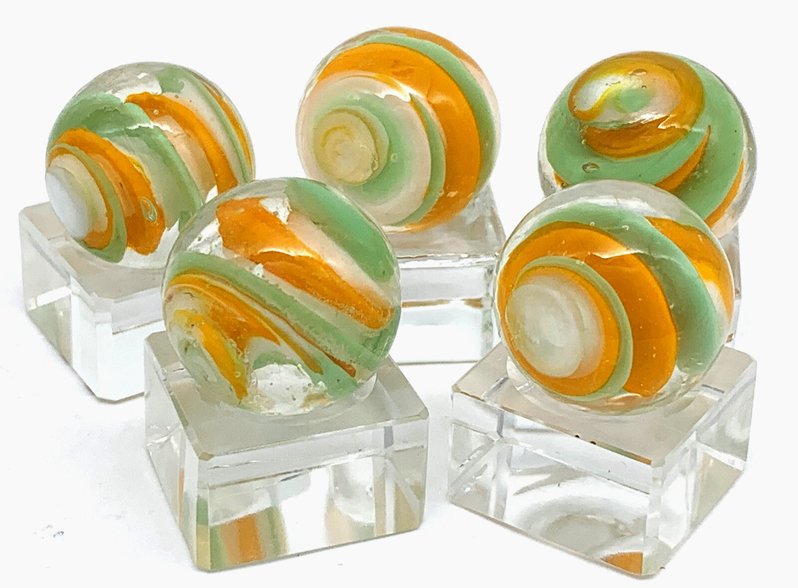 20mm Melon Shooter Glass Marbles Pk 5 (3/4″) Clear w White Orange Green Swirls