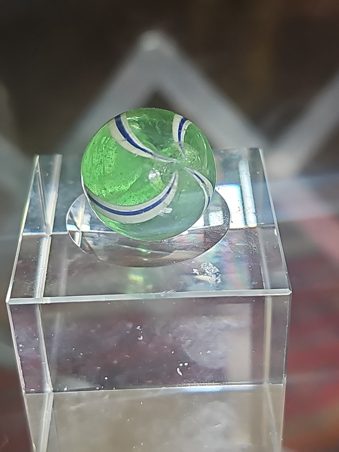 Antique German Handmade Blue White Banded Marble .78 Minty Green Transparent