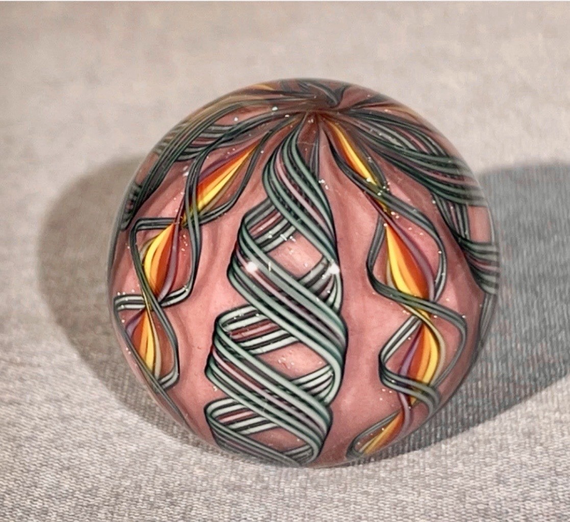 Hand Made Art Glass James Alloway Dichroic 8 Cane Raspberry Marble, 1.39 inch