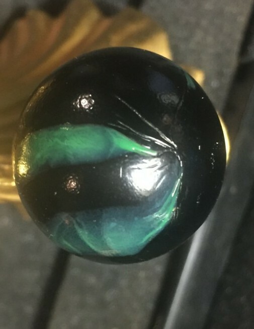 BIG GERMAN HTF UNIQUE BLACK WITH GREEN Swirl Glass Marble 0.97