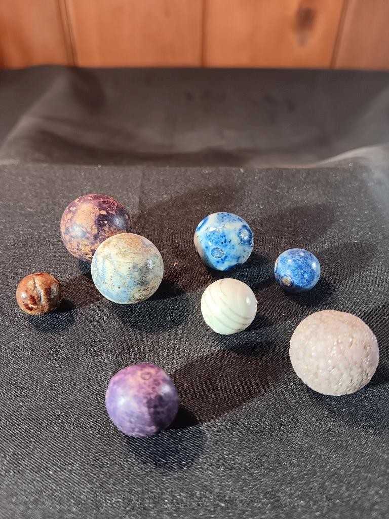 Eight Colorful Antique Pre Civil War Salt Glazed Clay Marbles 3/8″ to 3/4″ A959