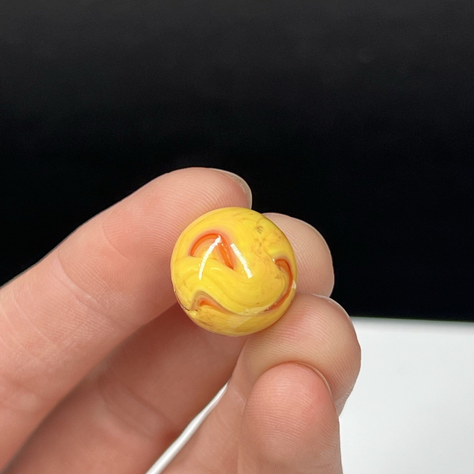 Vintage Glass Marble Akro Agate Peltier Christensen .61” Yellow Red Fire Swirl