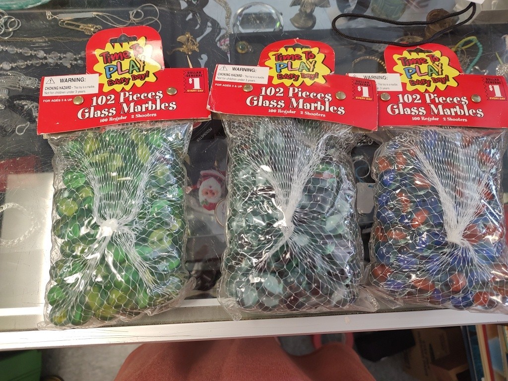 3 Packs Of 102 Piece Glass Marbles 2 Shooters In Each Pack. New Old Stock
