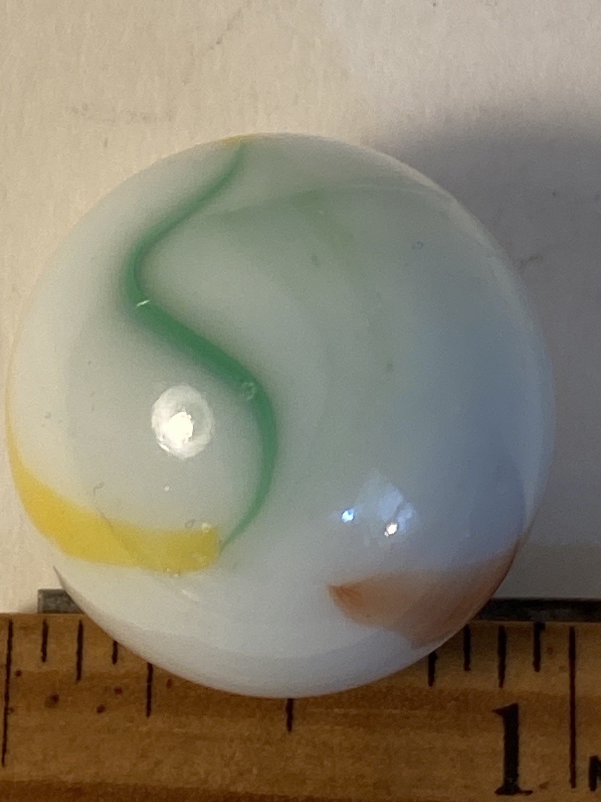 Vintage Shooter Marble Green White Yellow Red Swirl Opaque Glass 7/8”