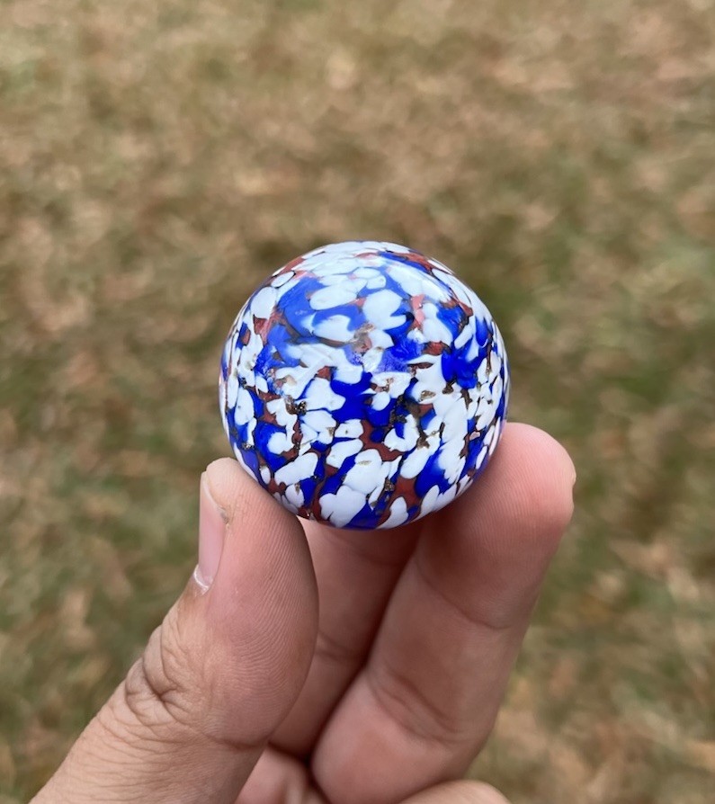 Sammy Hogue Marble 1 1/2” Signed With Stand Multi Color Lutz Blue White Gold Red