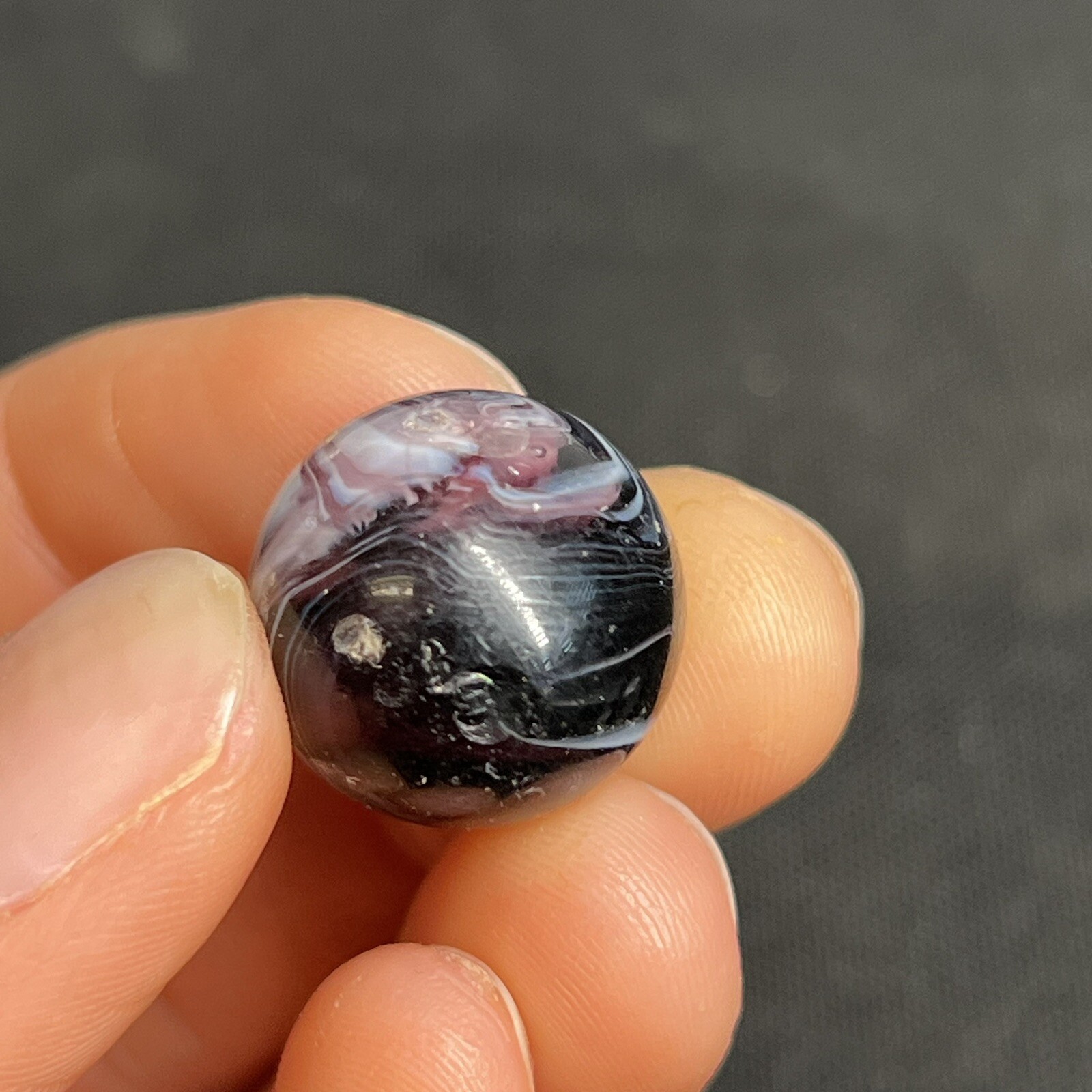 Vintage Akro Agate Peltier Christensen Glass Purple Black Swirl Marble 0.68”