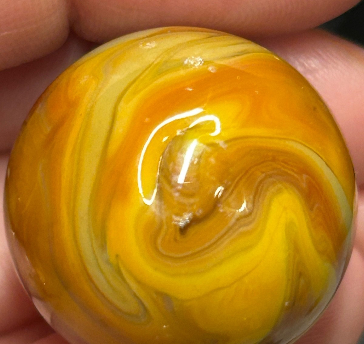Vintage JABO Glass Swirl Art Marble Shooter Pair 1″ As-Made Factory Crease Marks