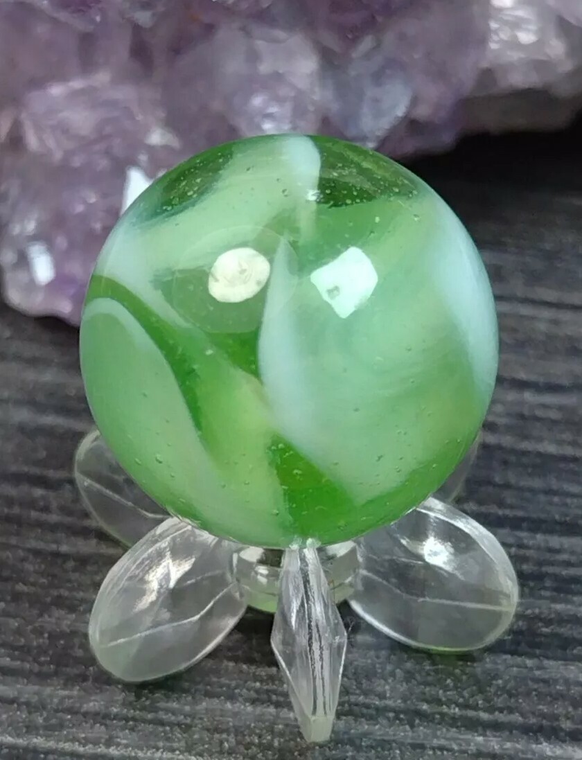 Lime GREEN FIZZY Fat Ribbon Swirl Alley or Cairo Glass NM Vintage Marbles .59″