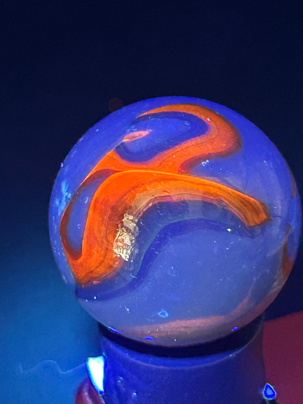 Christensen Agate Co Flame Swirl Marble Cobalt Blue & Orange UV+ .99″ Mint SH31