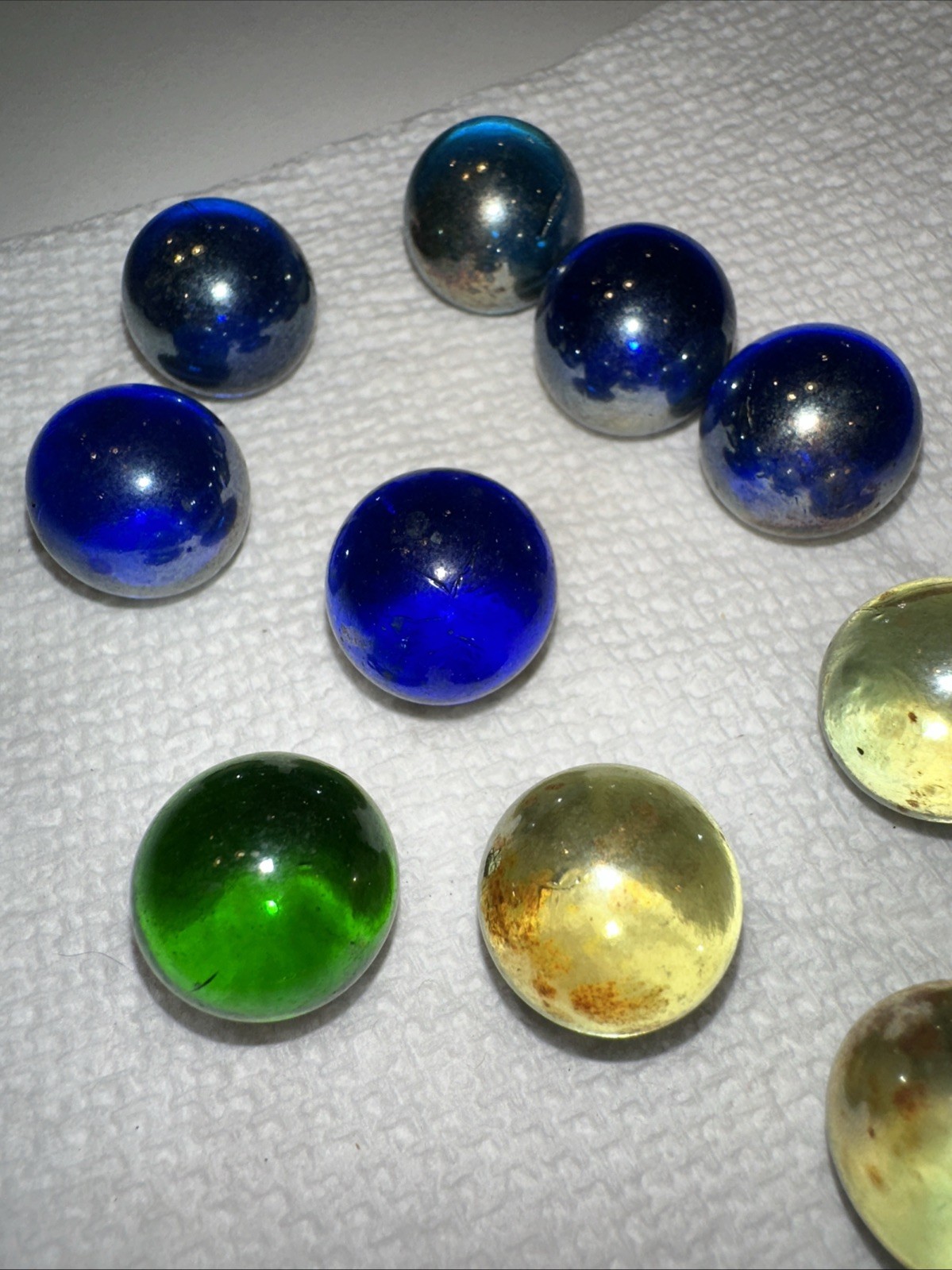 VINTAGE GLASS MARBLES IRIDESCENT BLUE GREEN YELLOW Lot Of 10