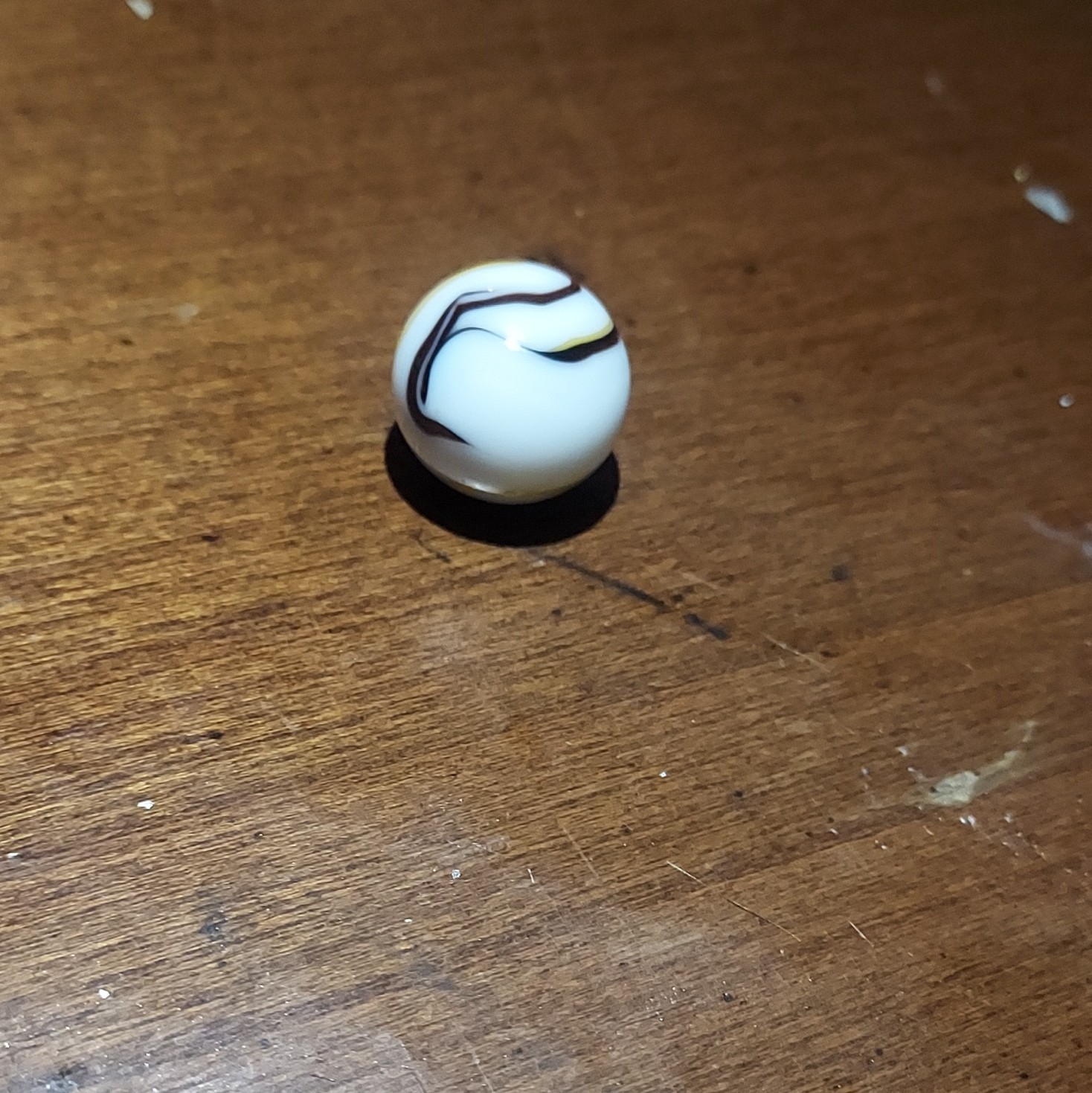 White Glass Toy Marble – White Swirl w/ Black & Yellow Ribbon, Single, Ages 17+